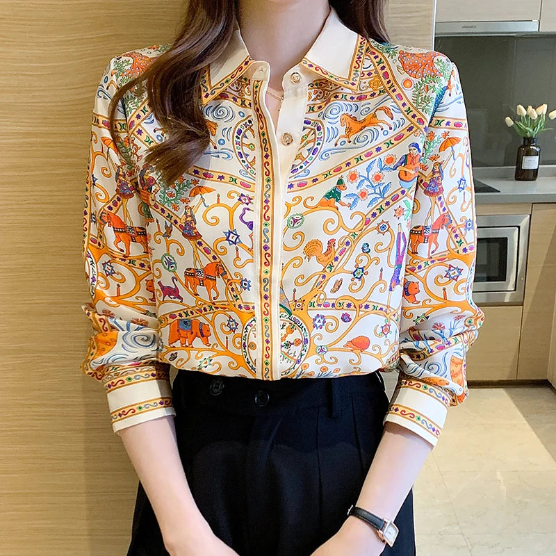 Fashion elegant  Women Blouses flower printed ladies shirts New Spring Long Sleeve Tops Blusas Mujer