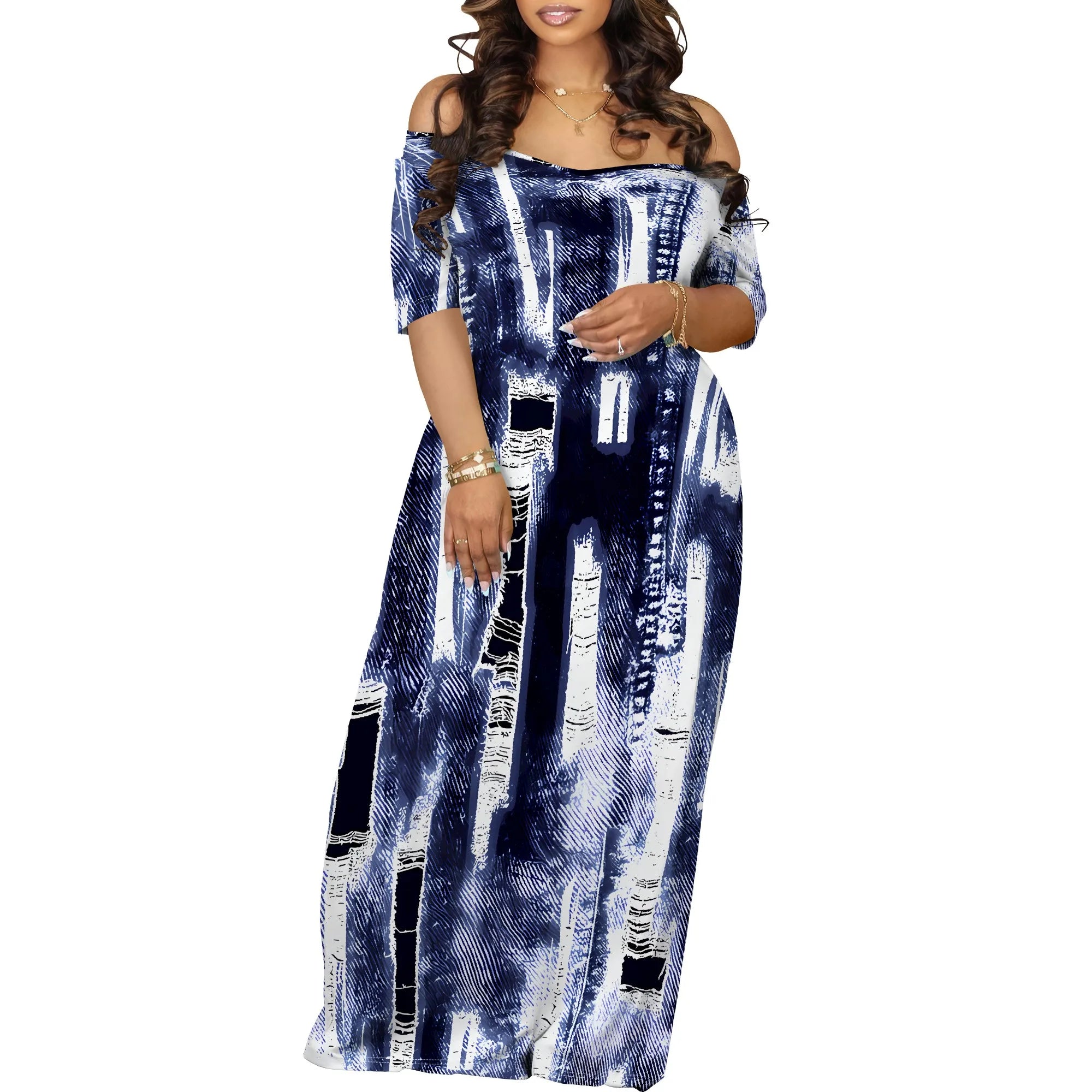 Women's Fashion  Printed Short Sleeve Long Dress Sexy Off Shoulder Backless Bodycon Split Cocktail Party Dress ﻿