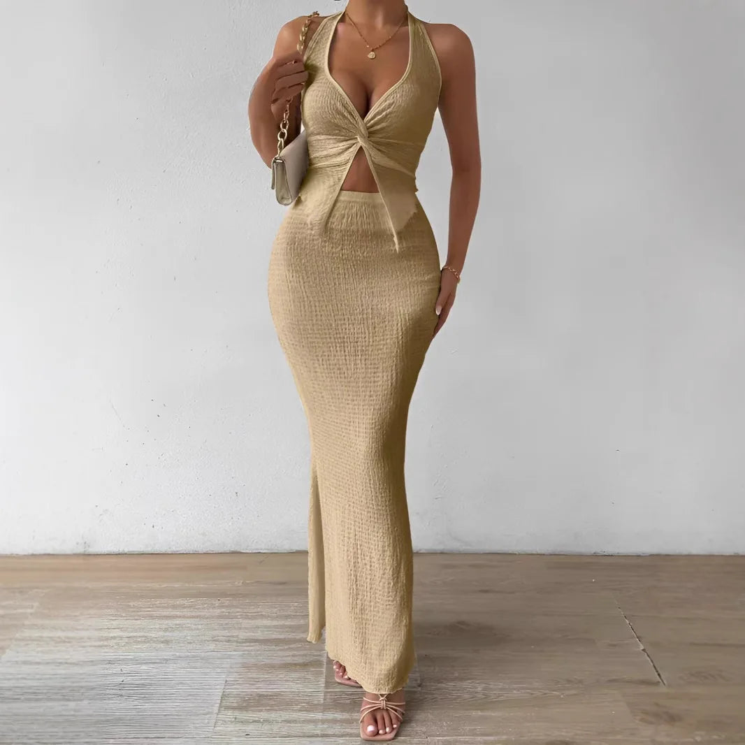 Fashion Women 2025 Summer Sexy Solid Color Hanging Neck Top Long Skirt Fashion Two-piece Set Tight And Elegant Two-piece Set