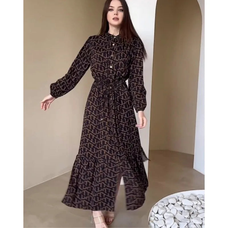 Women'sEuropean  Clothing Autumn and Winter New Elegant Sexy Fashion Digital Printing Leisure Dresssmall floral long skirt