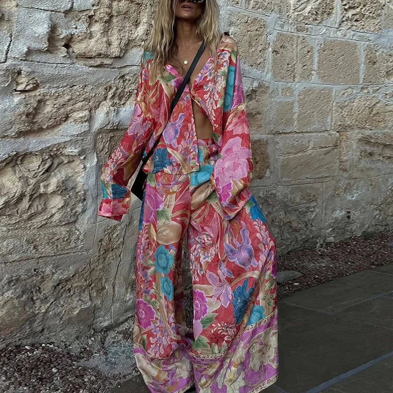 Fashion Floral Print Long Pants Set For Women 2025 New In Flower Blouse High Waist Wide Leg Pants 2 Pieces Sets Lady Chic Outfit