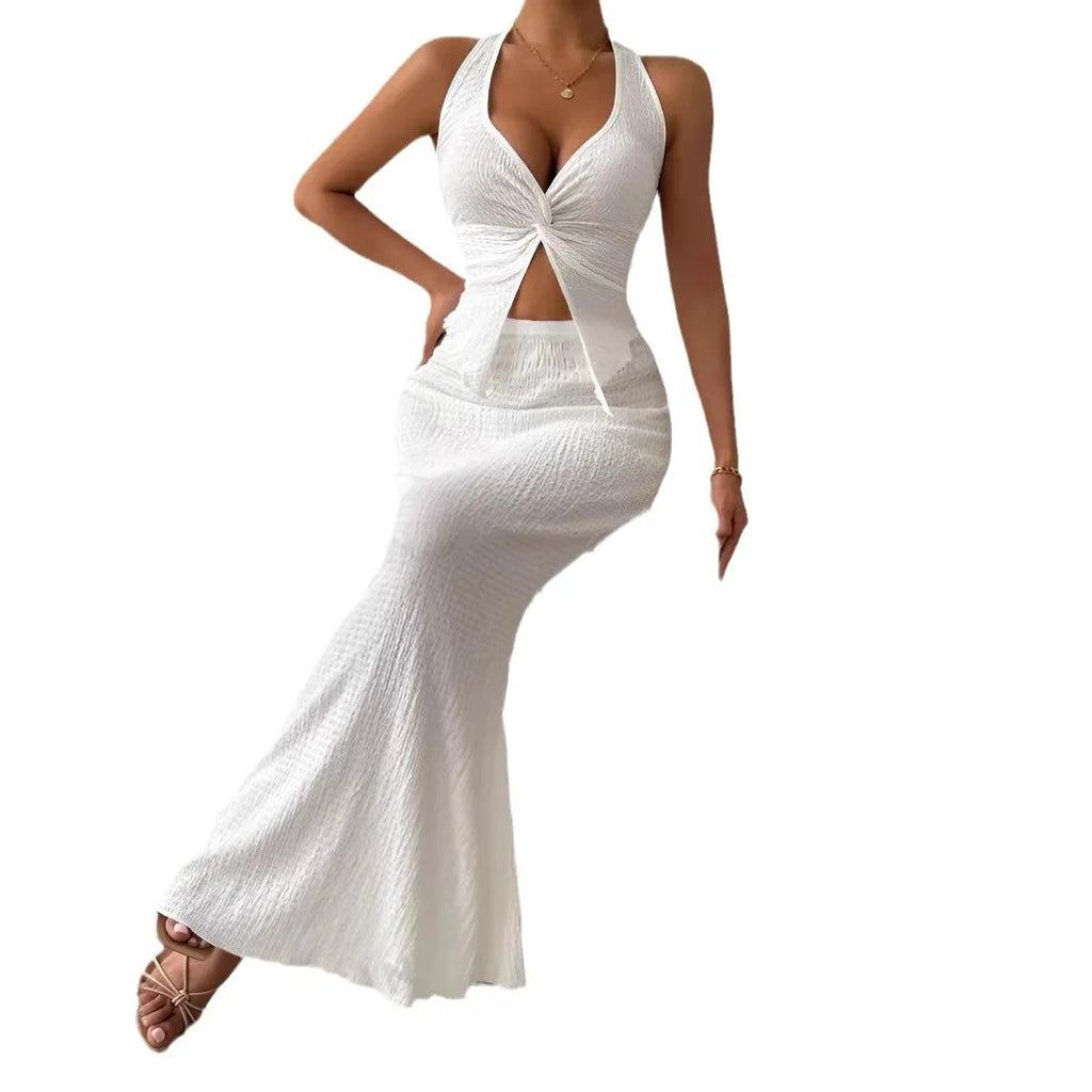 Fashion Women 2025 Summer Sexy Solid Color Hanging Neck Top Long Skirt Fashion Two-piece Set Tight And Elegant Two-piece Set
