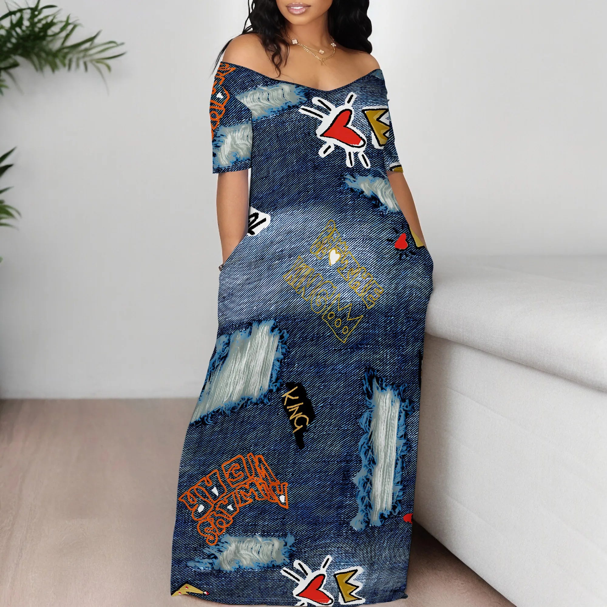 Women's Fashion  Printed Short Sleeve Long Dress Sexy Off Shoulder Backless Bodycon Split Cocktail Party Dress ﻿