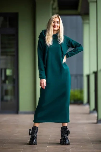 Women Fashion  New Loose Large Knitted Hooded Autumn Winter Long Dress Velvet Hoodie Dress Casual Dress Splicing Warm Dress