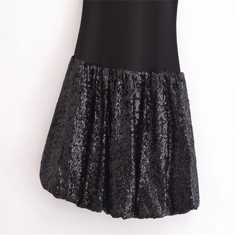 Fashion Party Dress for Women Fashion Autumn Winter New Round Neck Sleeveless Sequined Patchwork Chic Female Evening Clothing