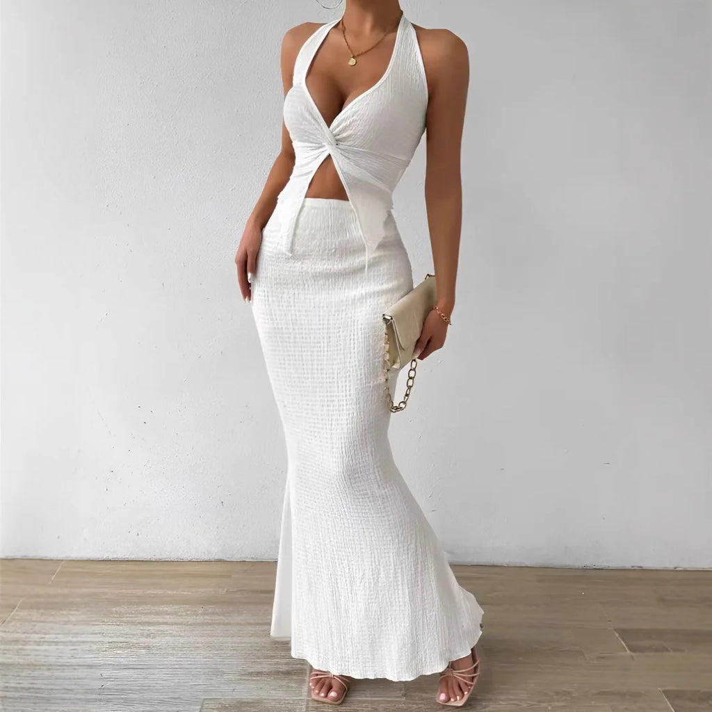 Fashion Women 2025 Summer Sexy Solid Color Hanging Neck Top Long Skirt Fashion Two-piece Set Tight And Elegant Two-piece Set