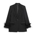 Women Fashion Chic Black With Feather Blazer Jacket Elegant Notched Neck Single Button Long Sleeves Female Outfits