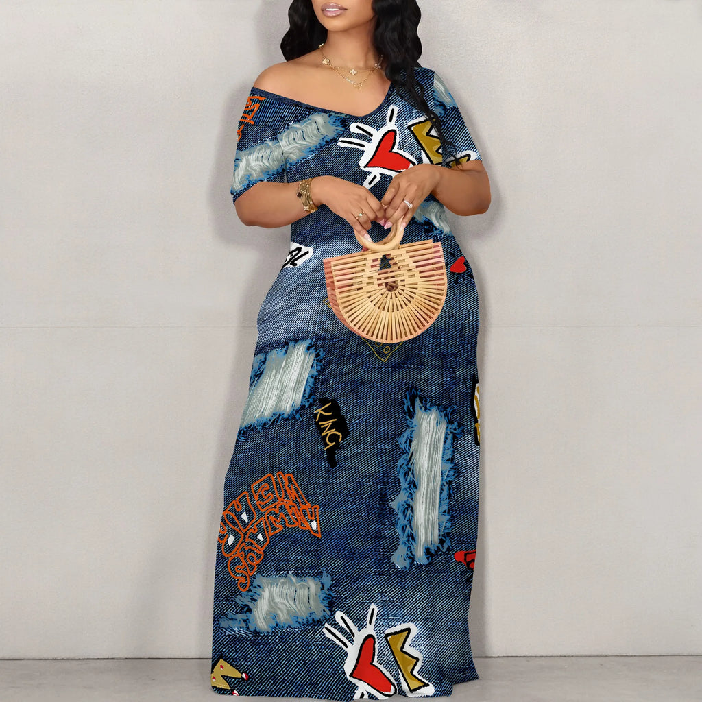 Women's Fashion  Printed Short Sleeve Long Dress Sexy Off Shoulder Backless Bodycon Split Cocktail Party Dress ﻿