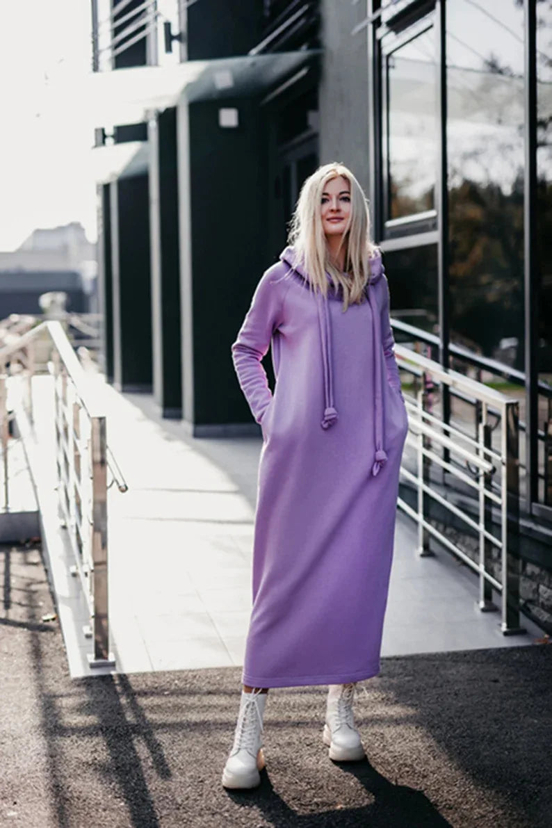 Women Fashion  New Loose Large Knitted Hooded Autumn Winter Long Dress Velvet Hoodie Dress Casual Dress Splicing Warm Dress