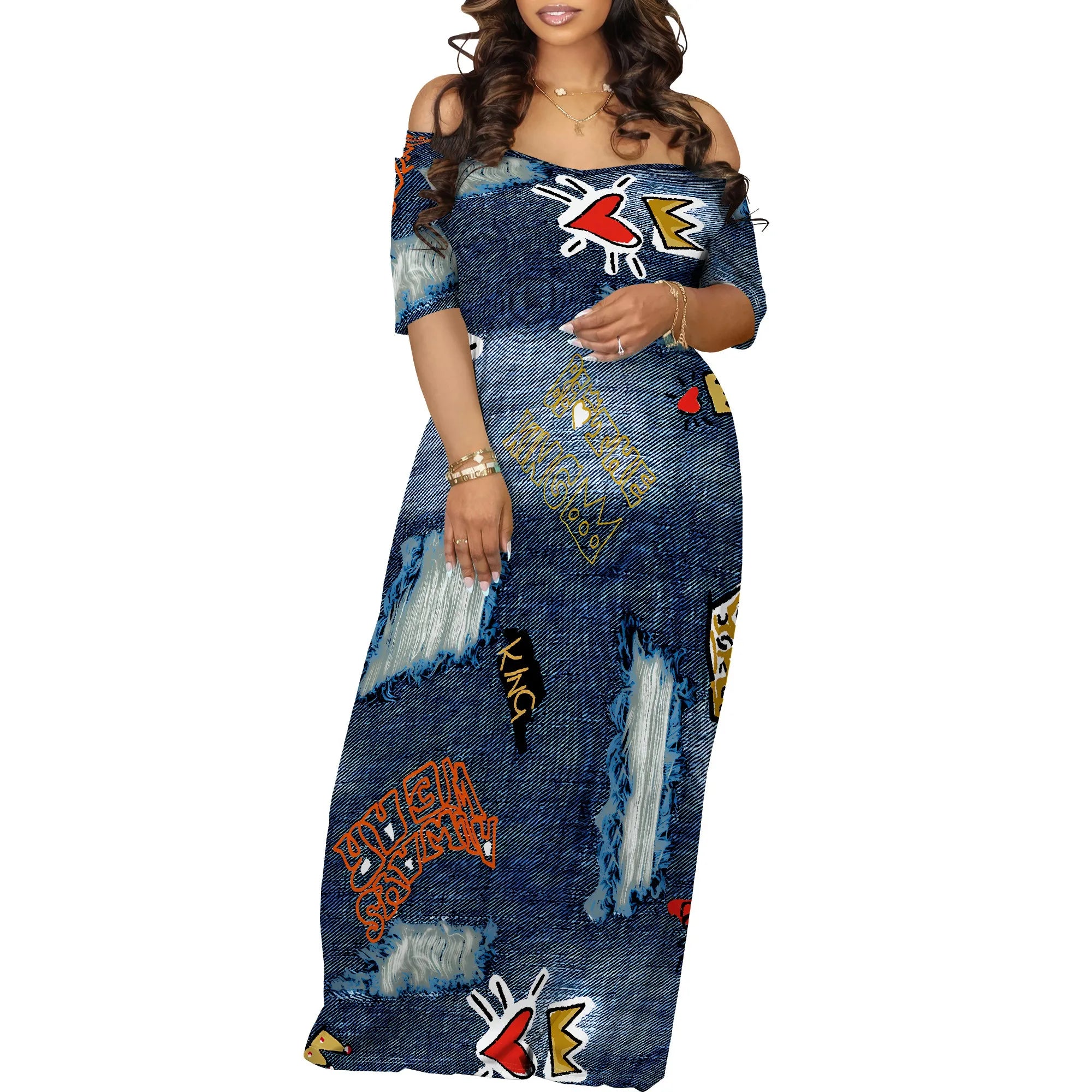 Women's Fashion  Printed Short Sleeve Long Dress Sexy Off Shoulder Backless Bodycon Split Cocktail Party Dress ﻿