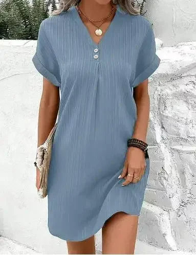 Women's Fashion  Loose T-Shirt Dress Ladies V Neck Short Sleeve Beach Baggy Solid Sundress Clothing