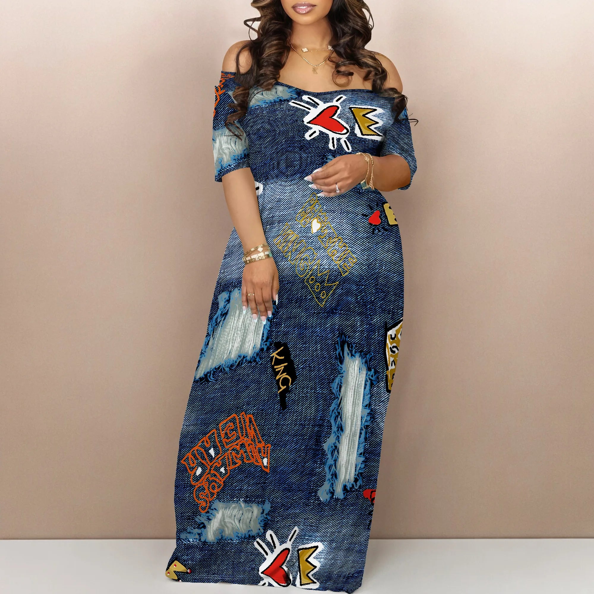 Women's Fashion  Printed Short Sleeve Long Dress Sexy Off Shoulder Backless Bodycon Split Cocktail Party Dress ﻿