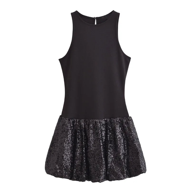 Fashion Party Dress for Women Fashion Autumn Winter New Round Neck Sleeveless Sequined Patchwork Chic Female Evening Clothing