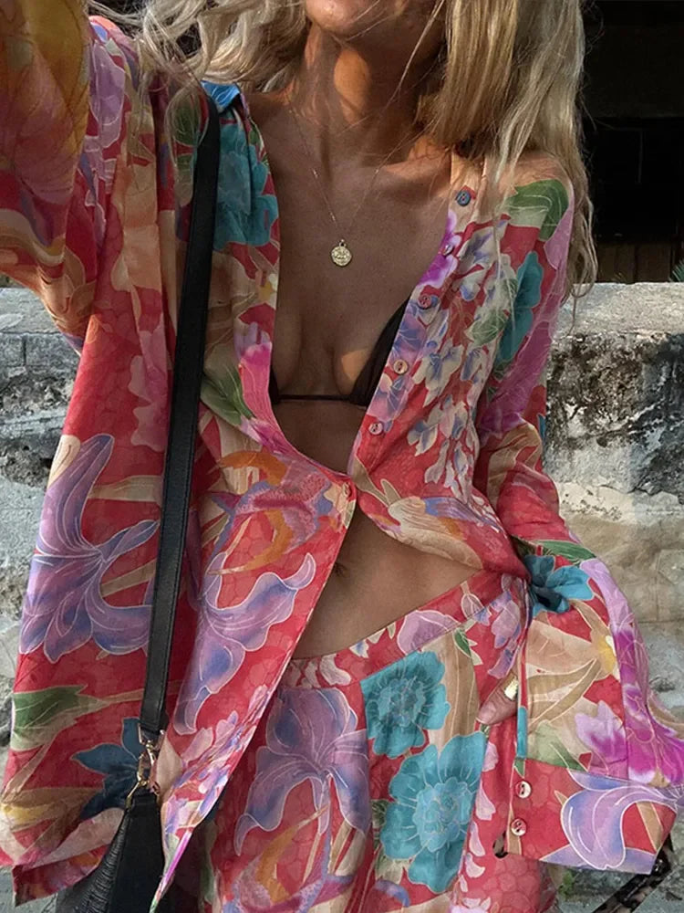 Fashion Floral Print Long Pants Set For Women 2025 New In Flower Blouse High Waist Wide Leg Pants 2 Pieces Sets Lady Chic Outfit