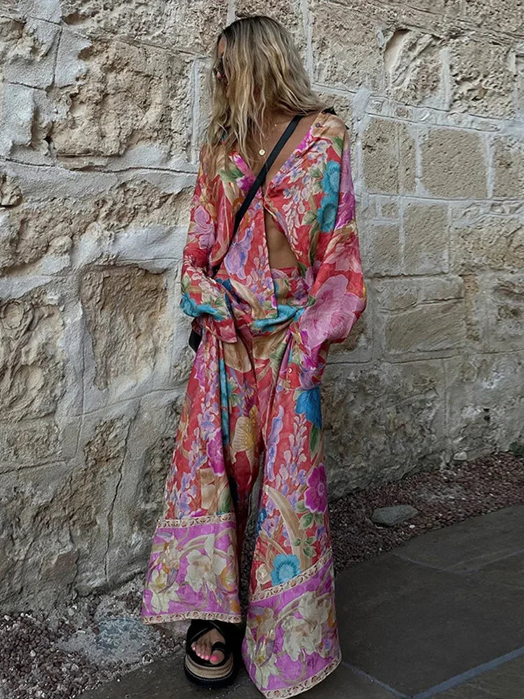 Fashion Floral Print Long Pants Set For Women 2025 New In Flower Blouse High Waist Wide Leg Pants 2 Pieces Sets Lady Chic Outfit