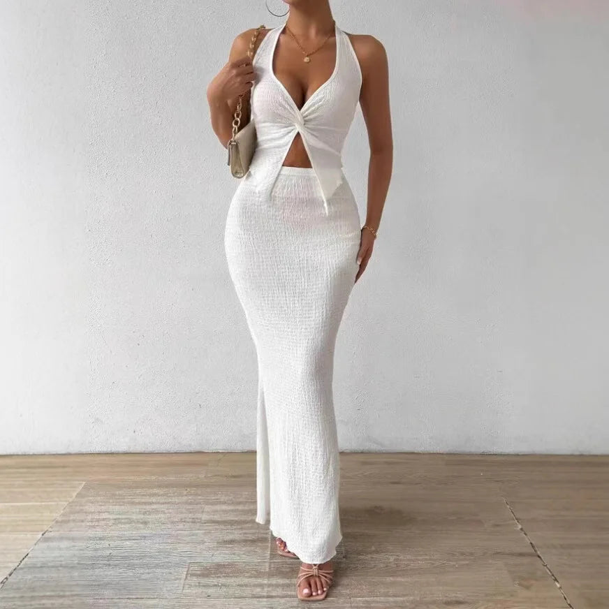 Fashion Women 2025 Summer Sexy Solid Color Hanging Neck Top Long Skirt Fashion Two-piece Set Tight And Elegant Two-piece Set