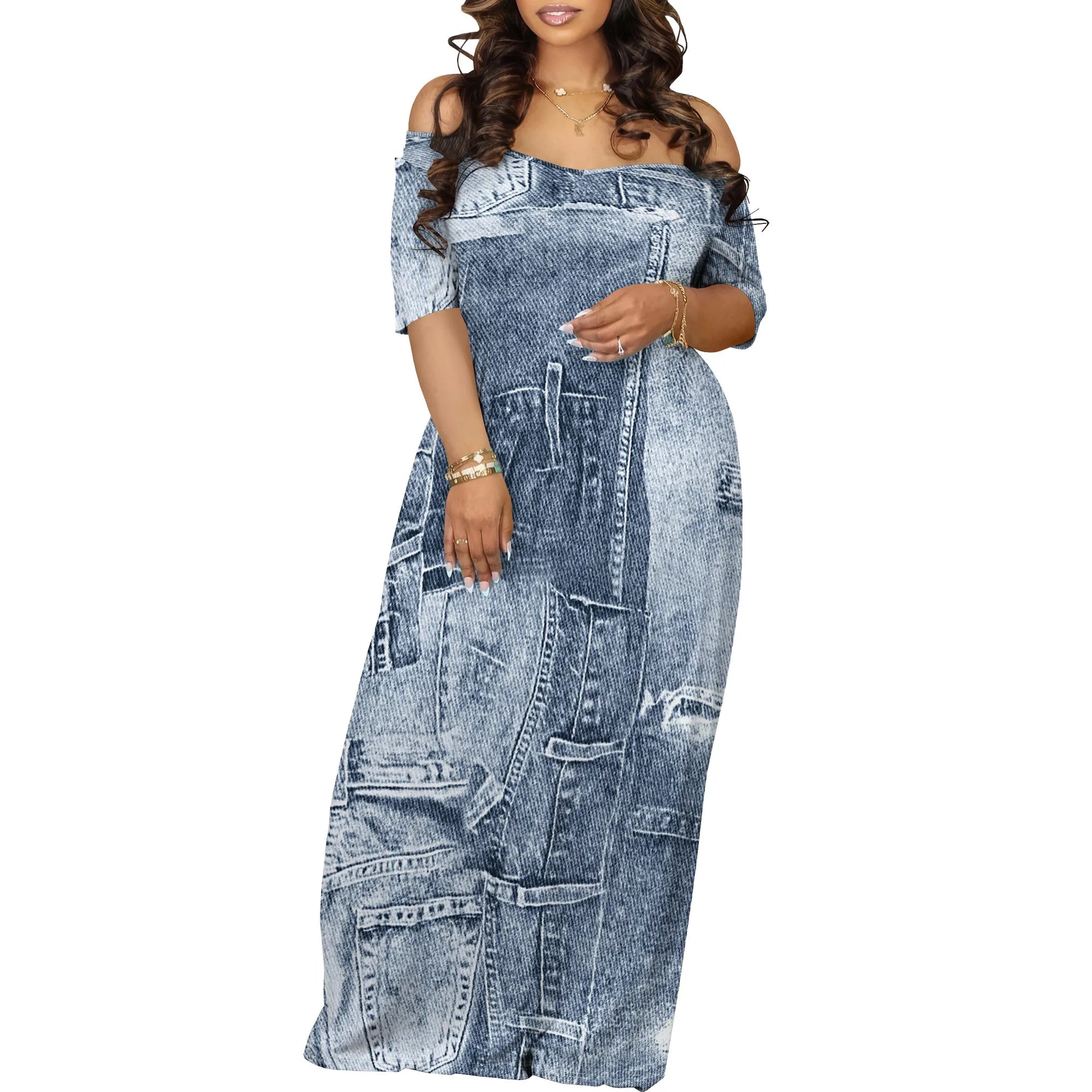 Women's Fashion  Printed Short Sleeve Long Dress Sexy Off Shoulder Backless Bodycon Split Cocktail Party Dress ﻿