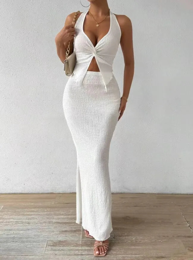 Fashion Women 2025 Summer Sexy Solid Color Hanging Neck Top Long Skirt Fashion Two-piece Set Tight And Elegant Two-piece Set
