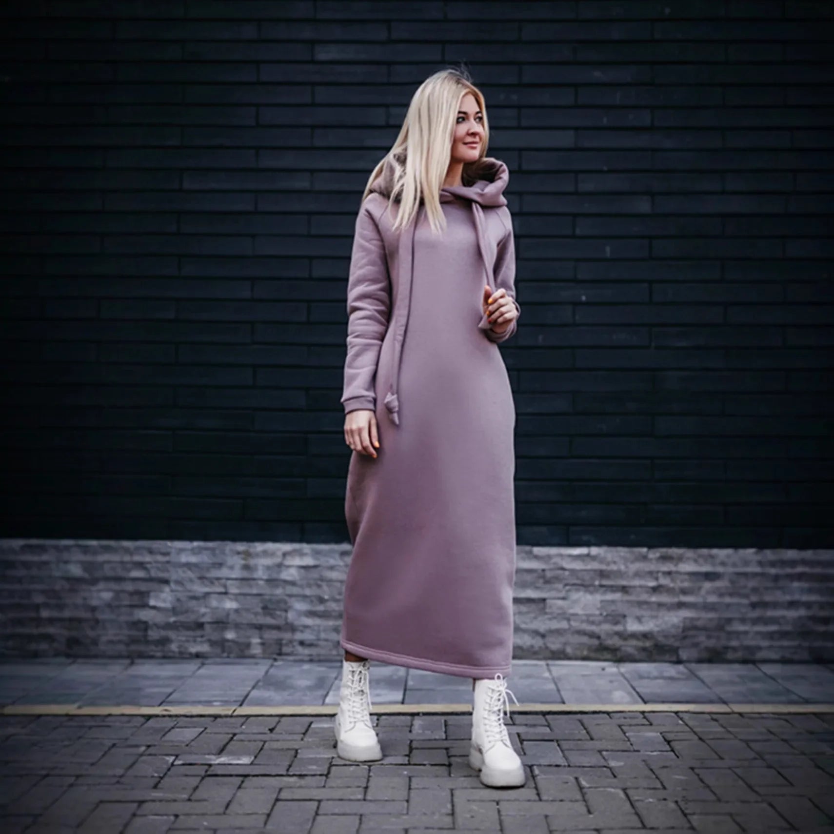 Women Fashion  New Loose Large Knitted Hooded Autumn Winter Long Dress Velvet Hoodie Dress Casual Dress Splicing Warm Dress