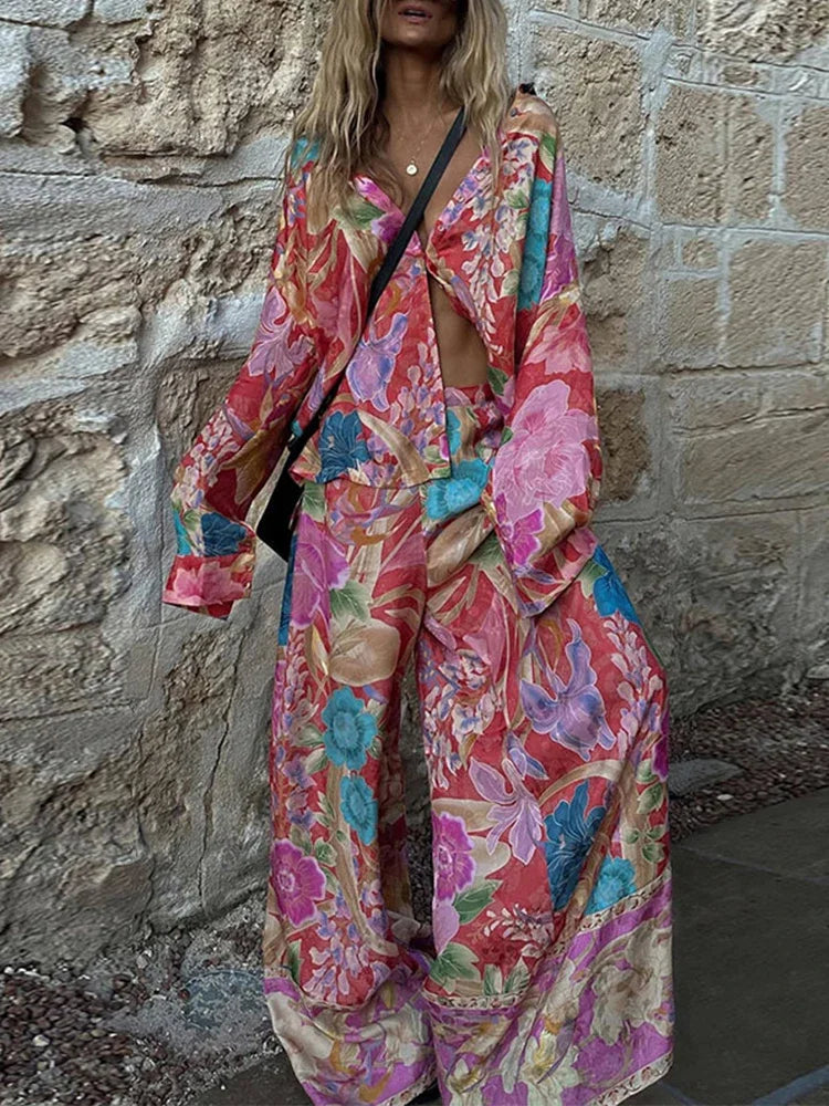 Fashion Floral Print Long Pants Set For Women 2025 New In Flower Blouse High Waist Wide Leg Pants 2 Pieces Sets Lady Chic Outfit
